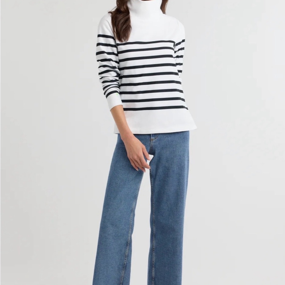 Dudley Stephens Greenpoint turtleneck in cream/olive green placed stripe